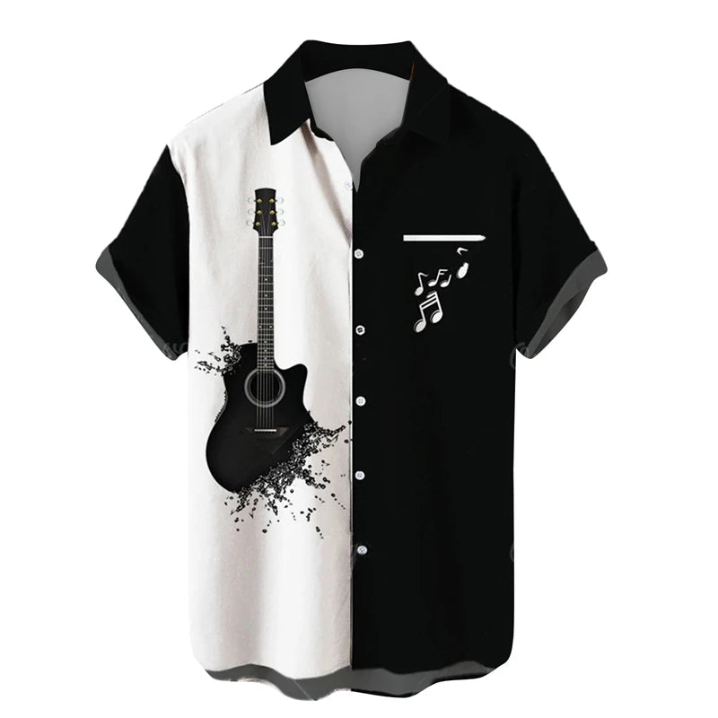 Music Guitar Print Short Sleeve V-Neck