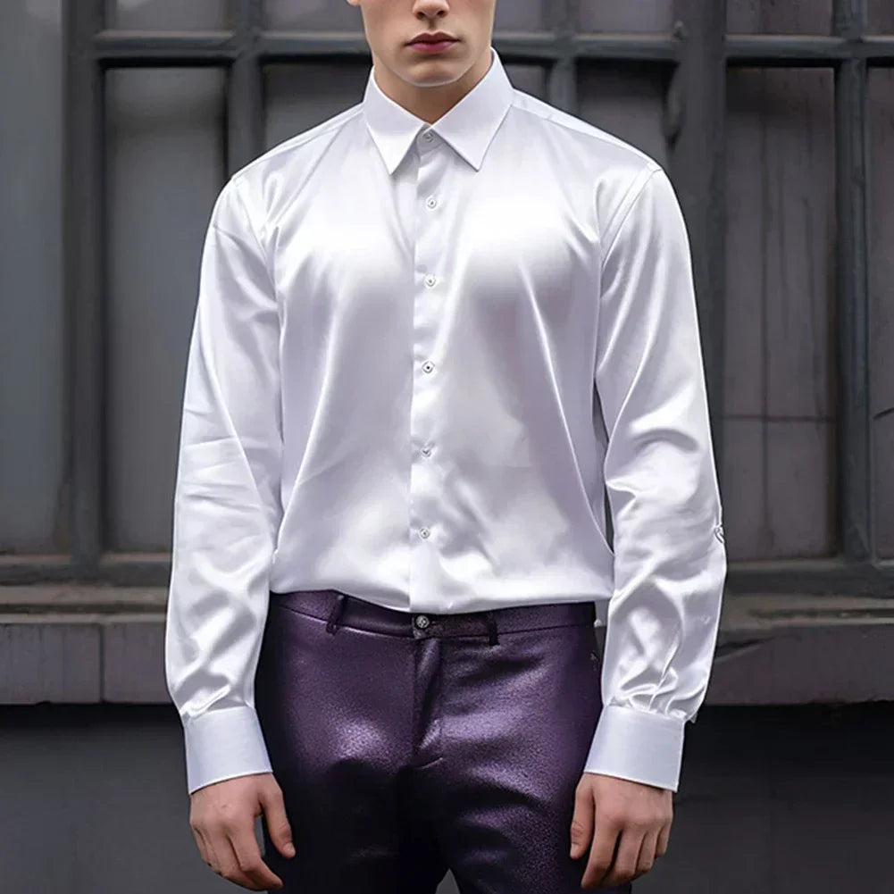 Elegant Slim Fit Long Sleeve Satin Silk Dress Shirt