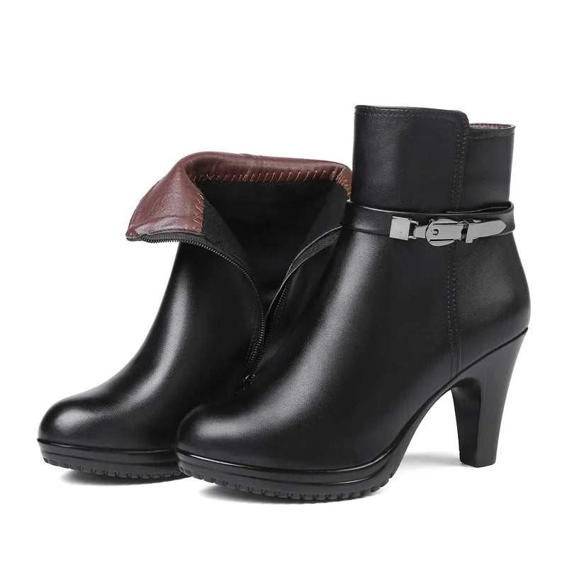 AIYUQI Ankle Boots Genuine Leather Boots Wool Booties High-heeled Snow Boots