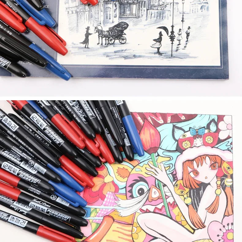 9 Pcs/Set Permanent Marker Pen Fine Point Waterproof Ink Thin Nib Crude Nib Black Blue Red Ink 1.5mm Fine Color Marker Pens