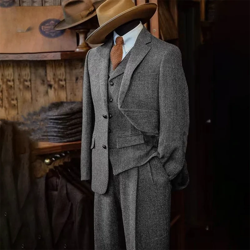 3 piece Slim Fit Herringbone Pattern Single Breasted Suits