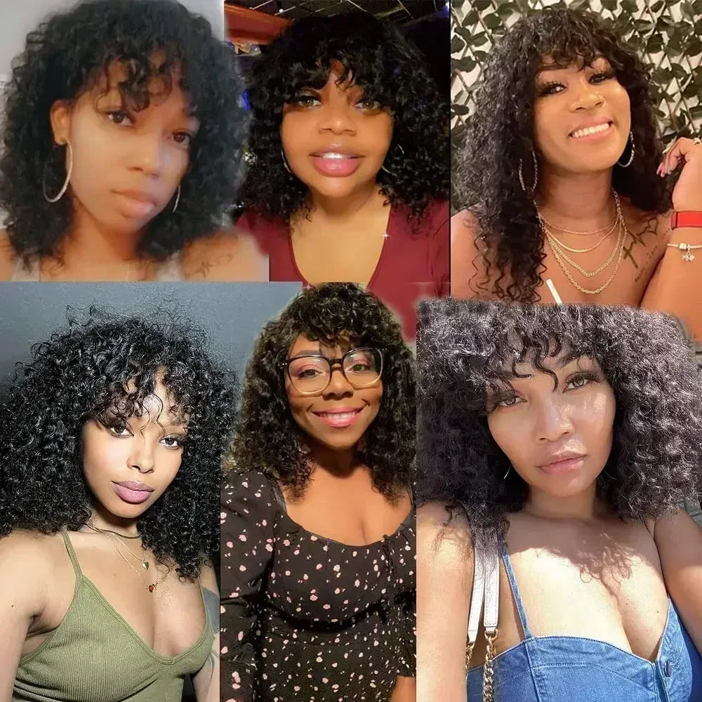 Curly Human Hair Wig With Bangs Brazilian Remy Funmi Short Bob Curly Wigs 180% Density Wig Water Wave Wig Natural Black