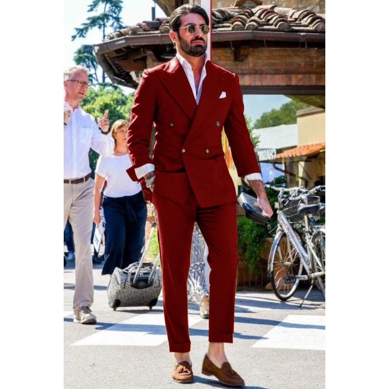 Two-piece Slim Fit Solid Color Double Breasted Spike Lapel