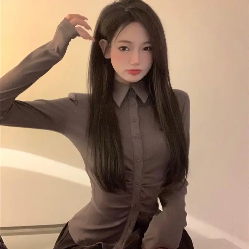 Solid Shirts Skinny Sexy Temperament Long Sleeve Camisas Tops