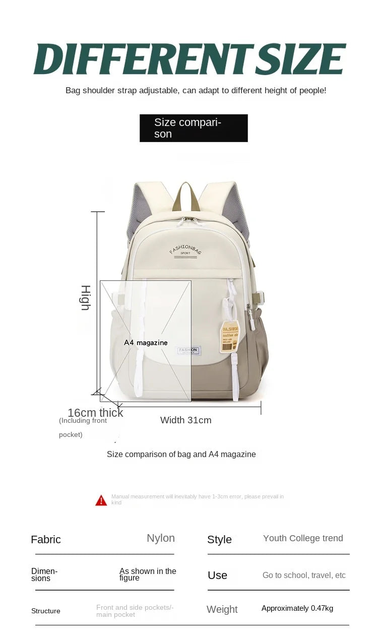 Backpack for Middle School Girls, Ins Style, College, High School, Versatile Color-Block Double