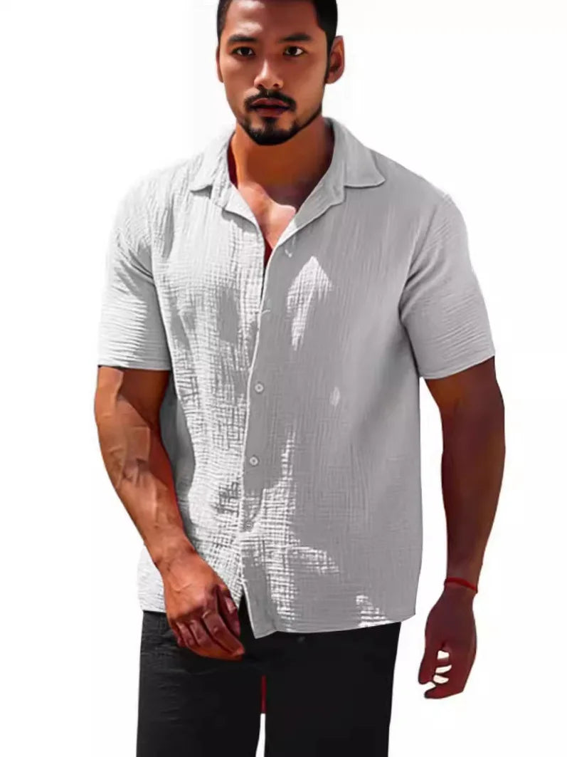 Lapel Solid Color Short Sleeve Button Loose Breathable Sweat Absorption Shirt