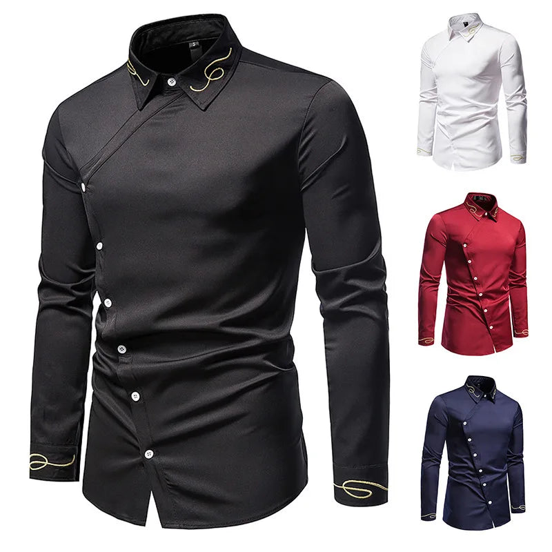 Men's Irregular Oblique Button Up Dress Elegant Embroidery Shirts