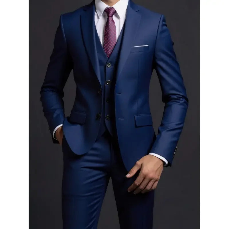 3 Piece Suit (Blazer+ Vest + Trousers) Men's Fashionable Gentleman Business British Style Solid-color Banquet Host Casual Wedding Suit