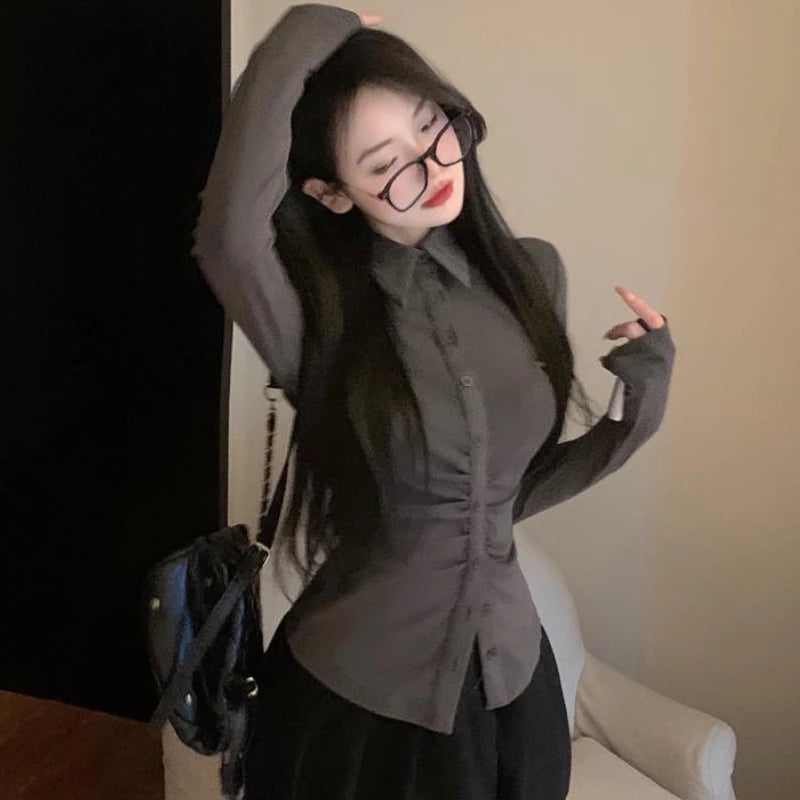 Solid Shirts Skinny Sexy Temperament Long Sleeve Camisas Tops