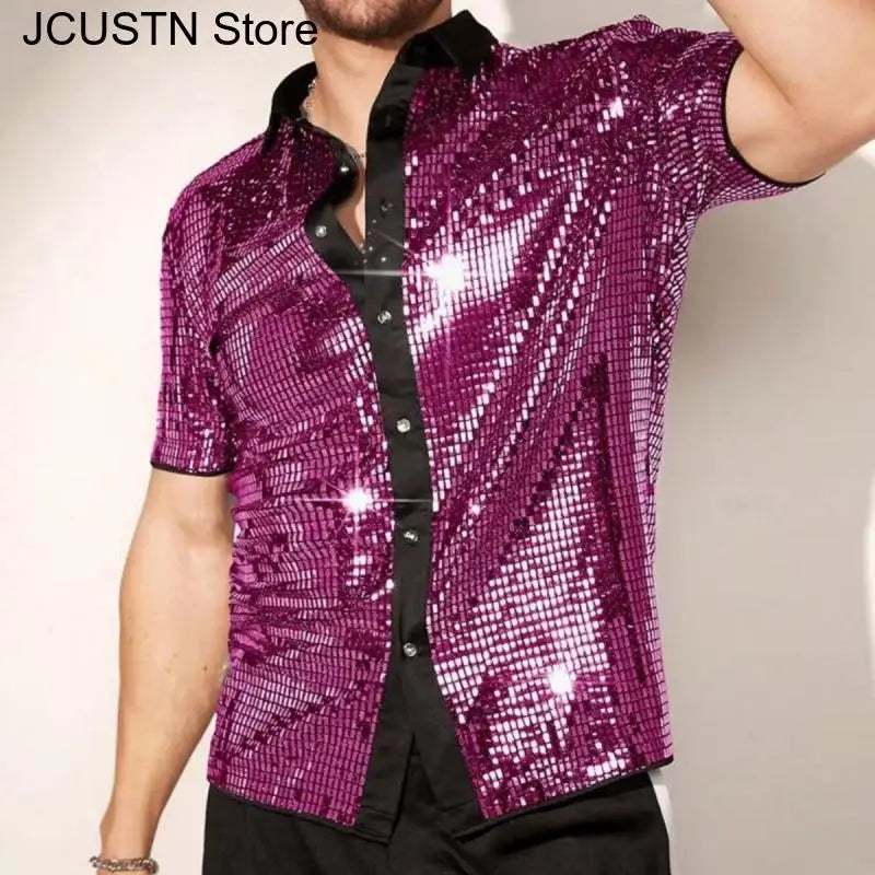 Shiny Sequin Short Sleeve Lapel Glitter Shirt