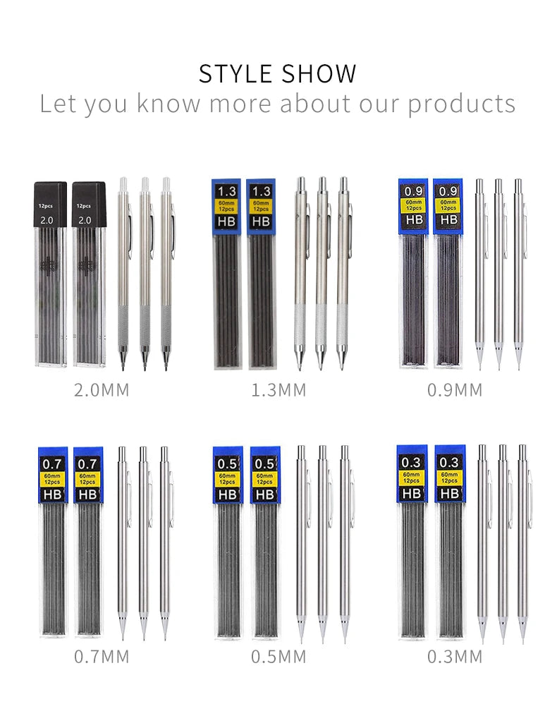 Mechanical Pencil Set 0.3 0.5 0.7 0.9 1.3 2.0mm Full Metal Art Drawing Painting Automatic Pencil with Leads Office School Supply