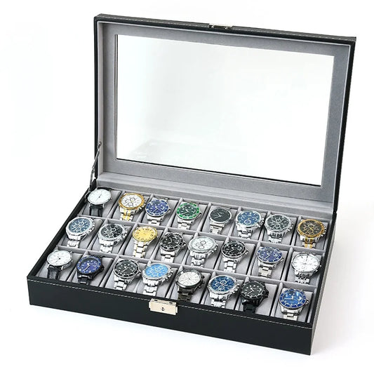 New 24 Slots Watch Storage Box PU Leather Wooden Watch Box Organizer 24 Grids Watch Display Case Jewelry Box for Watches Gifts