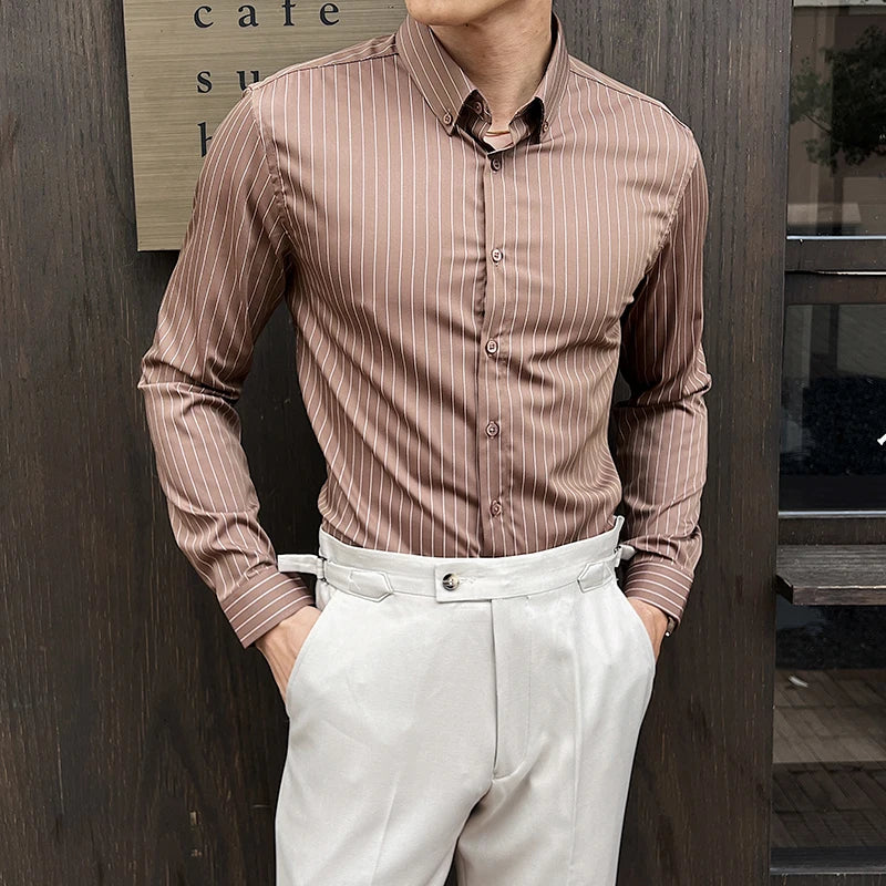 Striped Shirts Long Sleeved Elastic Slim Fit Dress Shirt for Men