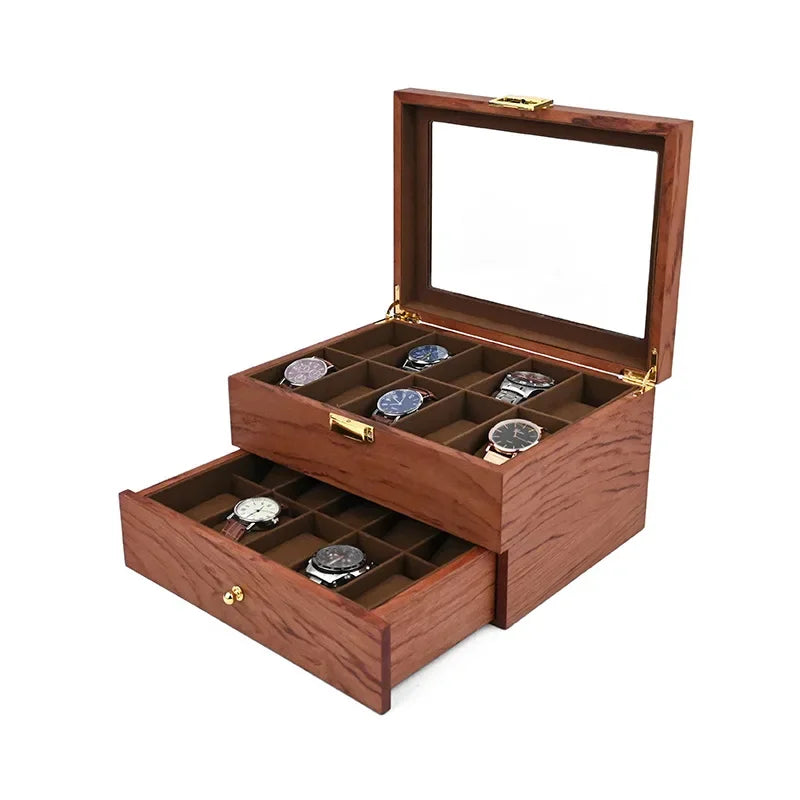 European Vintage Watch Box Organizer Inner Velvet Wood Watch Case Gold Tone Locking Mechanism Custom Logo Secure Display Storage