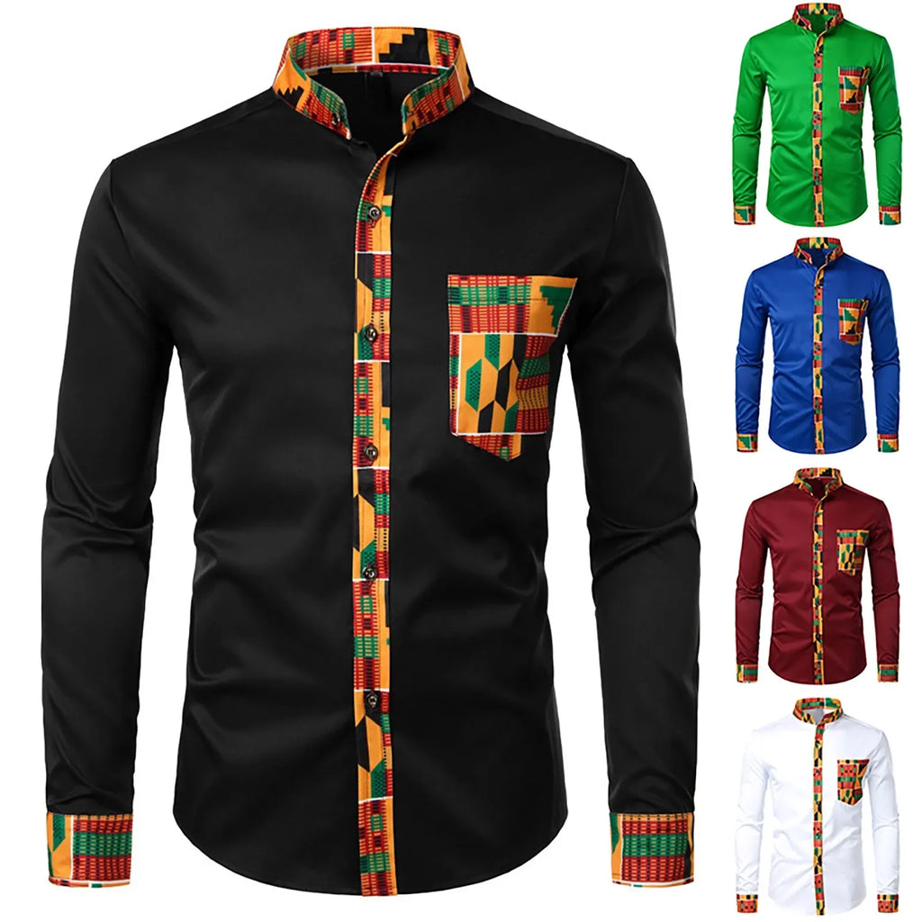 African Style Long Sleeve Printed Patchwork Design Button Up Shirt