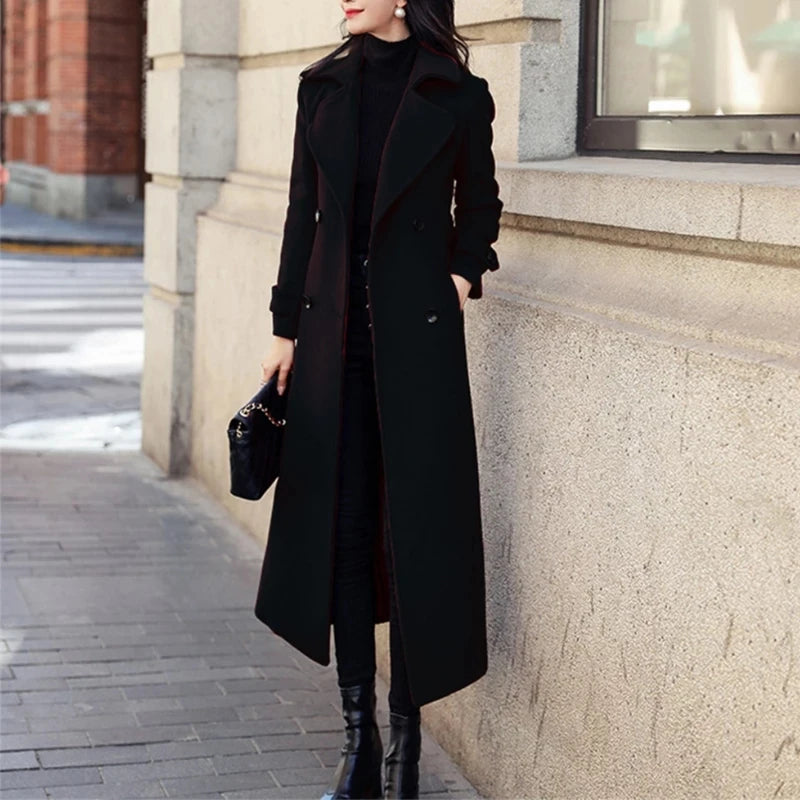Korean Fashion Long Coated Thickened Woolen Coat for Women Black Coat Harajuku