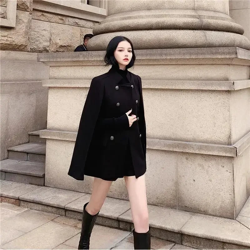 Black Cape Woolen Coat
