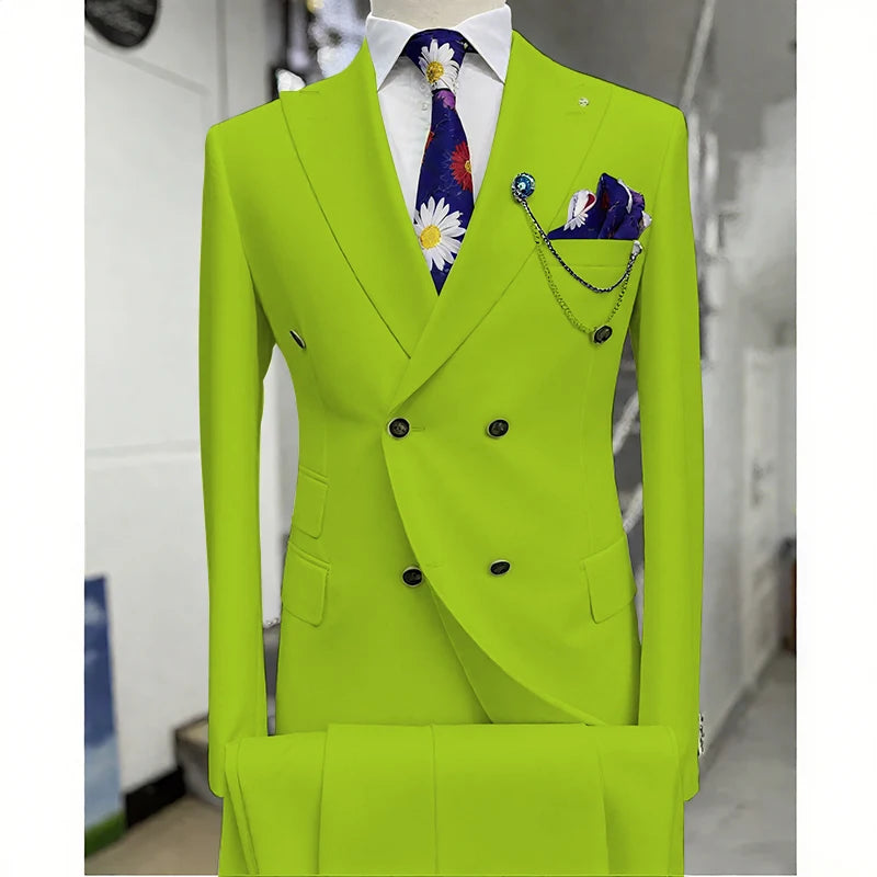 Suits for Men 2 Piece Solid Color Formal Business Casual Male Suit Fashion Peak Lapel Double Breasted Wedding Groom Tuxedo