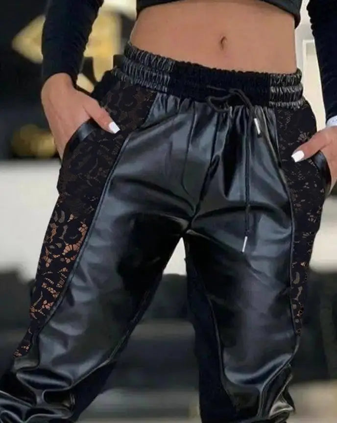 Casual Solid Color Contrast PU Lace Insert Pocket Drawstring High Waist Cuffed Trousers Pants