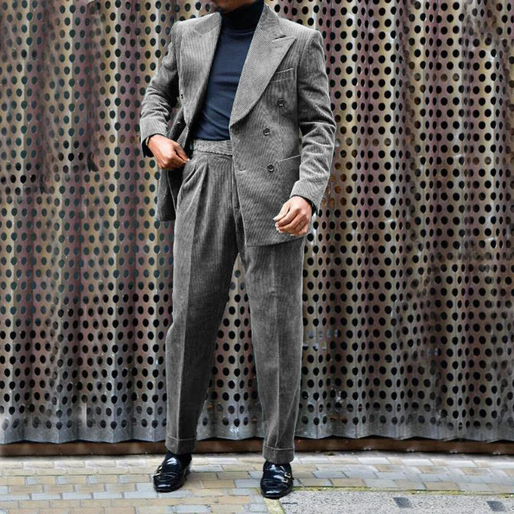 Men's Corduroy Suit Peak Lapel 2 Piece Jacket + Pants Double Breasted Best Party Casual Men's Wedding Outfit Full Suit