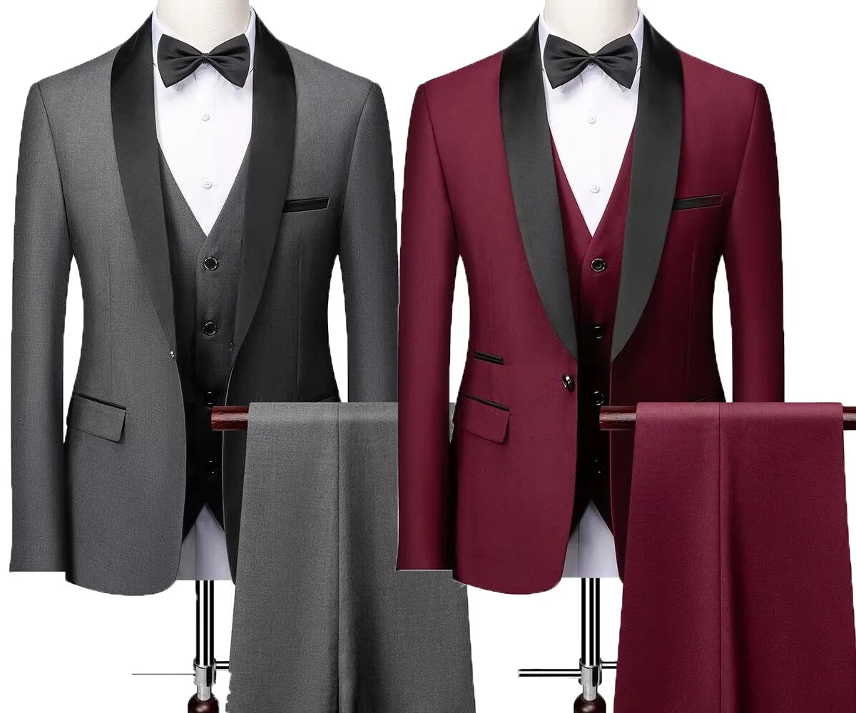 Suit (Blazer+ Vest + Pants) Gentleman Fashion Slim Work Solid Color