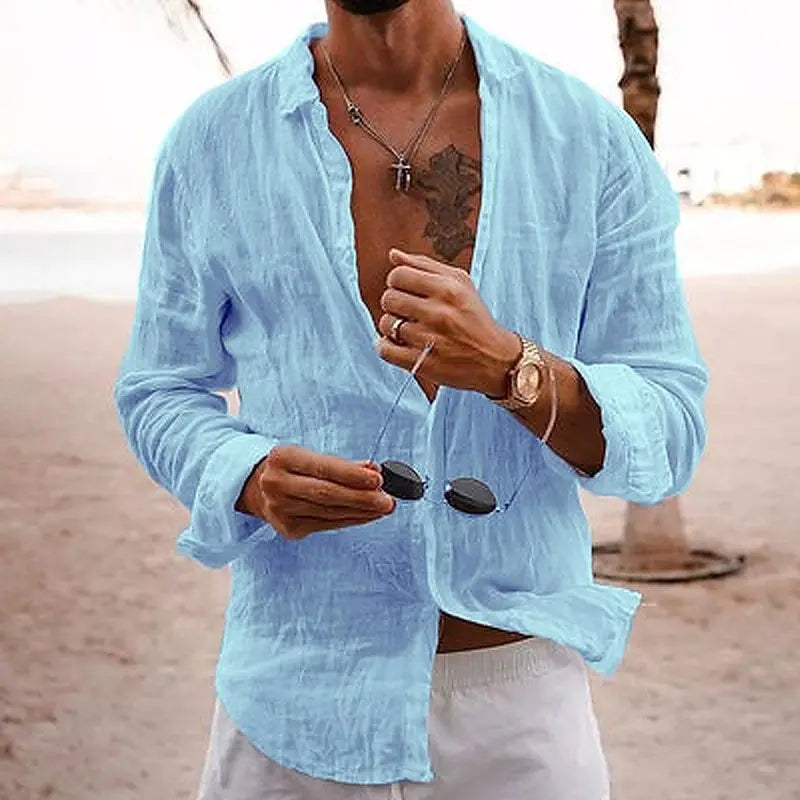 Men's shirt, solid color, loose-fitting, single-breasted, turn-down collar, cotton-linen long-sleeved top