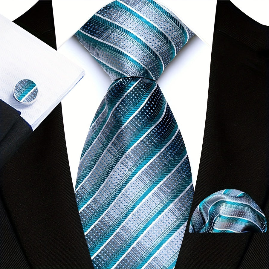 3pcs/set Plaid Pattern Tie Pocket Scarf Cuff Set for Suits - Premium Polyester Woven Accessories