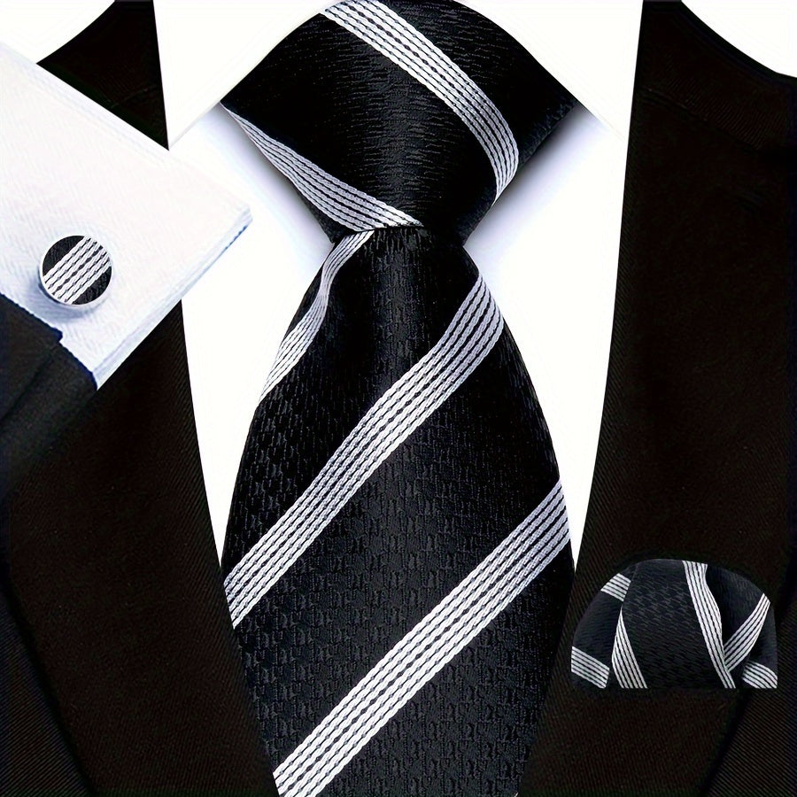 3pcs/set Plaid Pattern Tie Pocket Scarf Cuff Set for Suits - Premium Polyester Woven Accessories