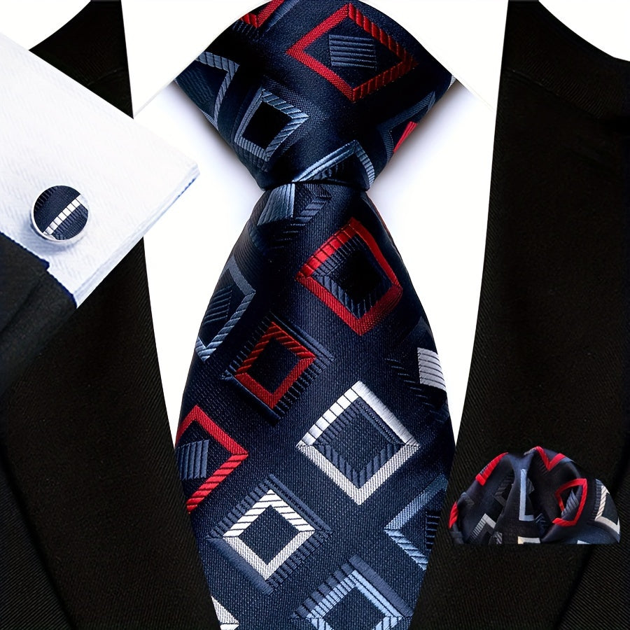 3pcs/set Plaid Pattern Tie Pocket Scarf Cuff Set for Suits - Premium Polyester Woven Accessories
