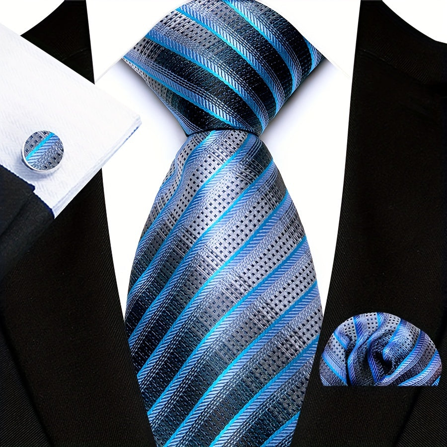 3pcs/set Plaid Pattern Tie Pocket Scarf Cuff Set for Suits - Premium Polyester Woven Accessories